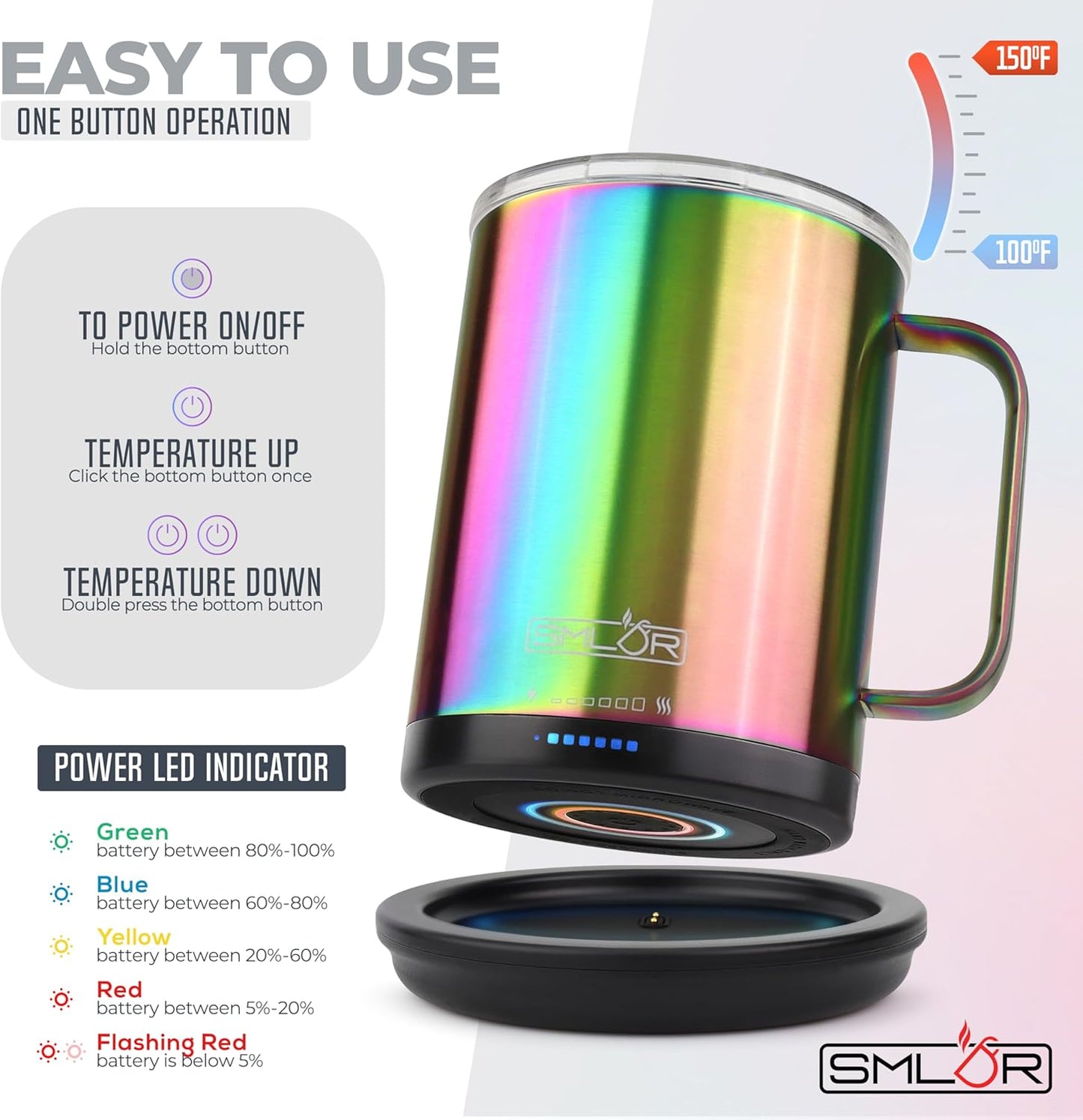 SMLDR Pro Heated Mug, 14 oz Smart Mug, Self-Heating, Adjustable Temperature, Battery Powered Heated Coffee Mug, Quick Recharge Time, Great for Coffee & Tea, Excellent Gift (Rainbow)