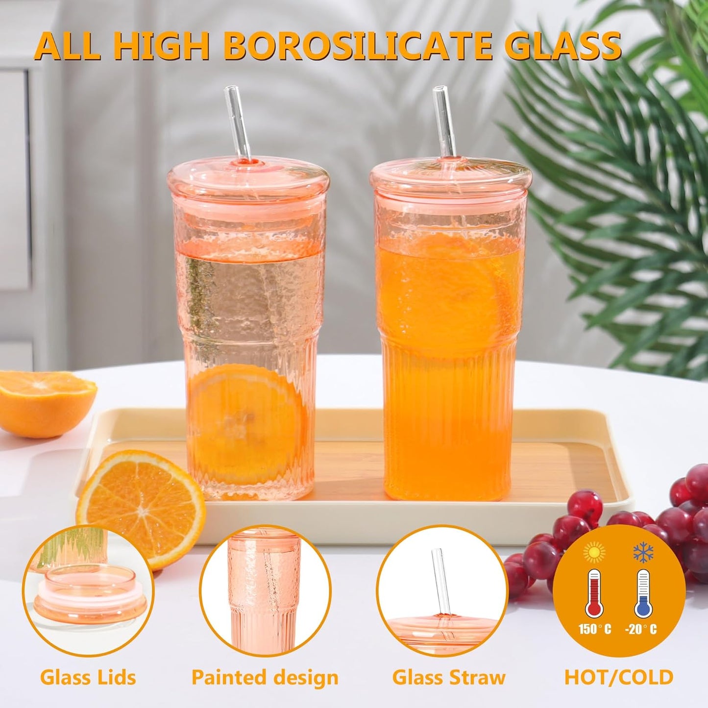 20 OZ Glass Cup with Lids and Glass Straws, High Borosilicate Iced Coffee Glass Tumblers with Lid and Straw for Drinks, 2pcs Reusable Wide Mouth Smoothie Cup(Orange)