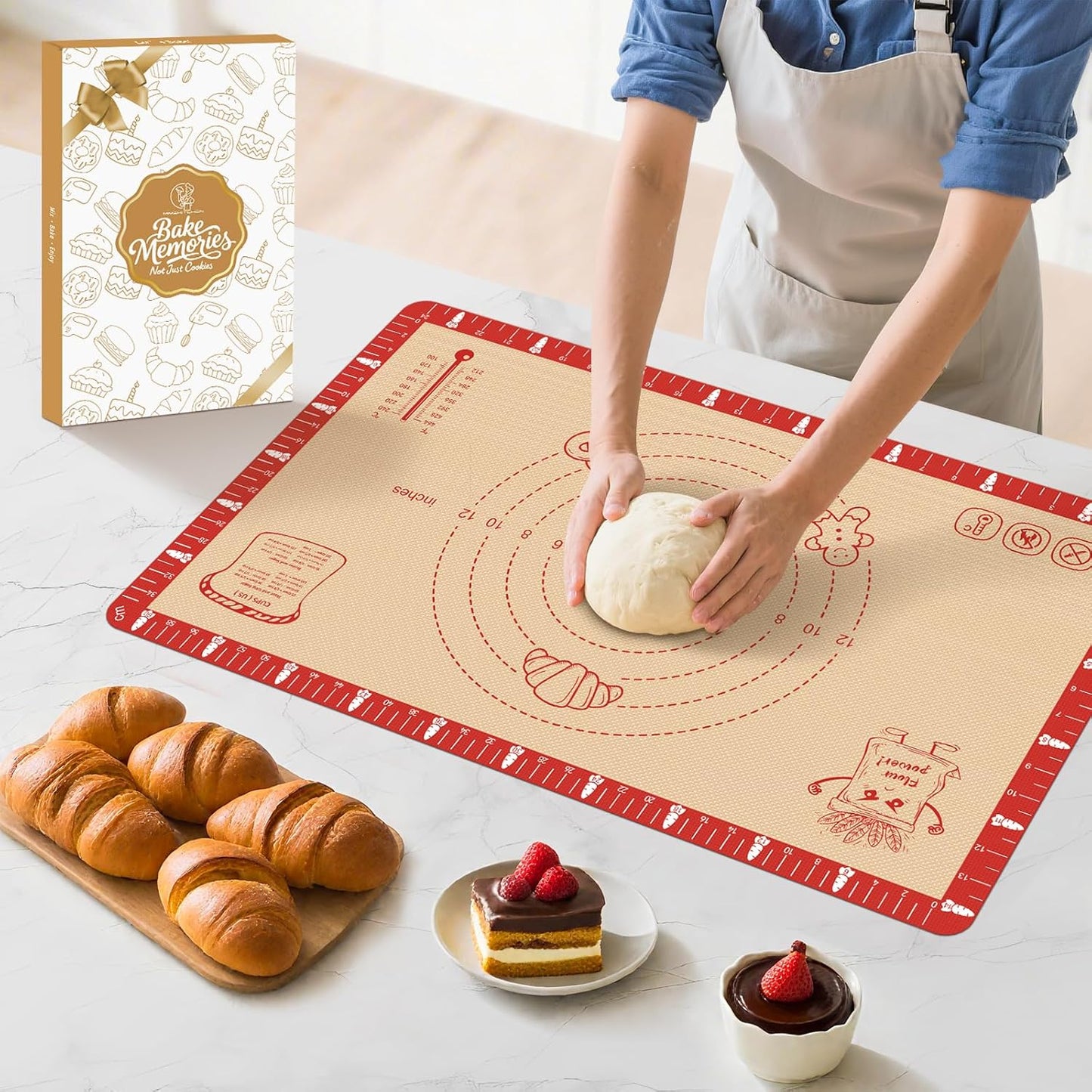 Non-Slip Silicone Baking Mat - 32x24 inch Extra Thick Pastry Mat with Measurements for Sourdough, Macarons, Bread, Pizza, Dough Rolling, Kneading, Oven Mat Heat Resistant to 480°F Gift for Baker