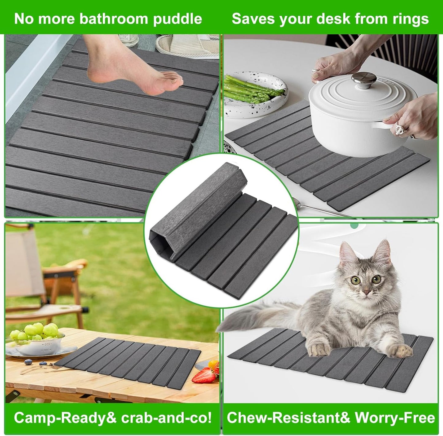 Large Stone Dish Drying Mats for Kitchen Counter, 24"×16", Collapsible quick dry stone mat kitchen, Eco-Friendly, Absorbent Diatomaceous Earth Mats for Dishes Bottles Cups, Match Any Countertop