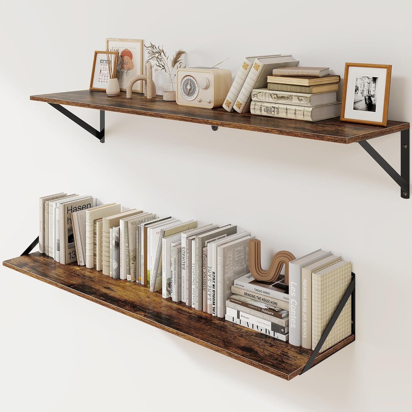 Heimlove Deep Floating Shelves for Wall, 40W x 8D Wood Wall Shelves Set of 2, Wide Floating Bookshelf for Living Room, Kitchen, Office, Bedroom and Decor Storage, with Metal Bracket - Rustic Brown