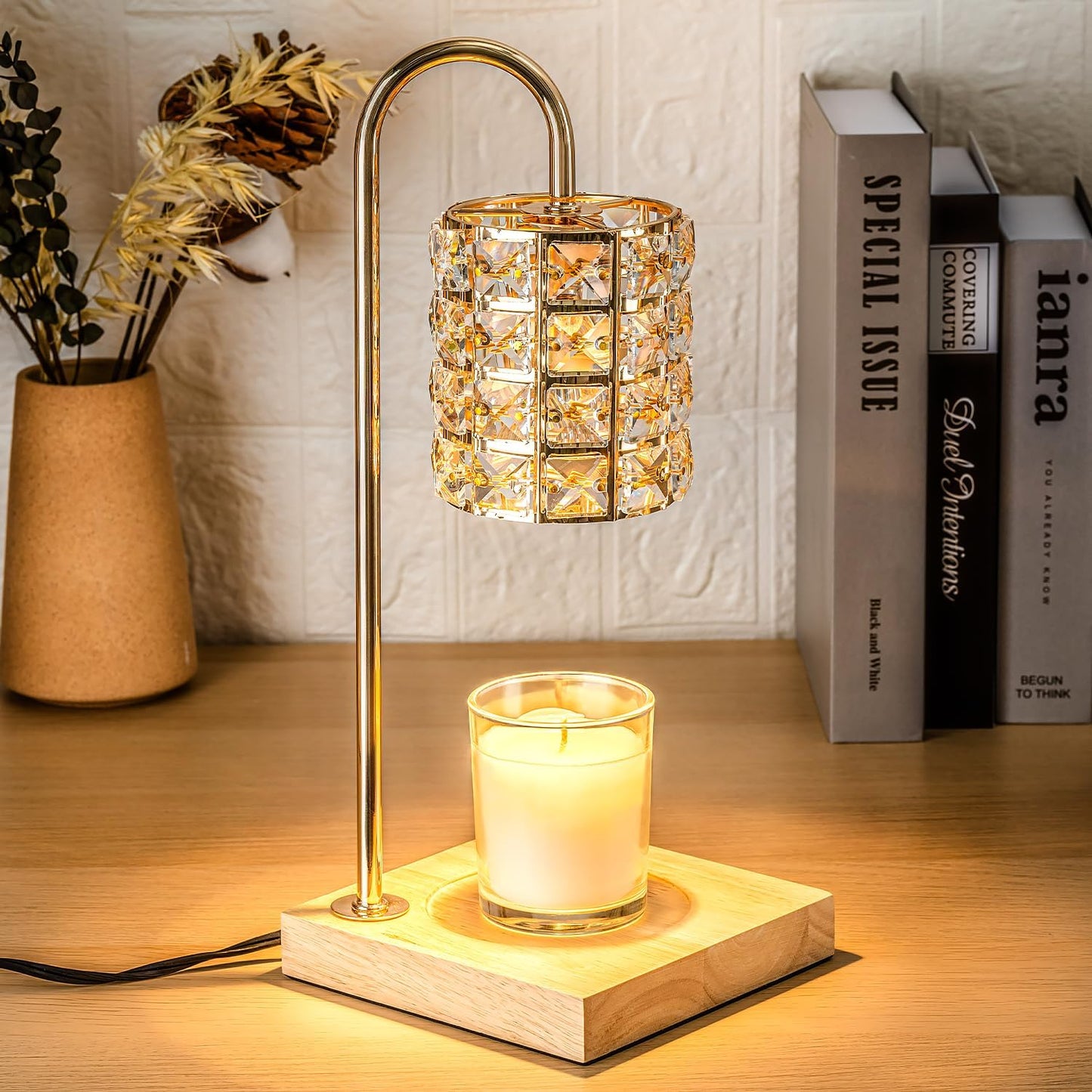 Electric Candle Warmer Lamp with Timer, Wax Melt Warmer, Gifts for Mom Women, Gold Aesthetic Room Home Decor Cozy House Warming Gifts, Vintage Square Diamond