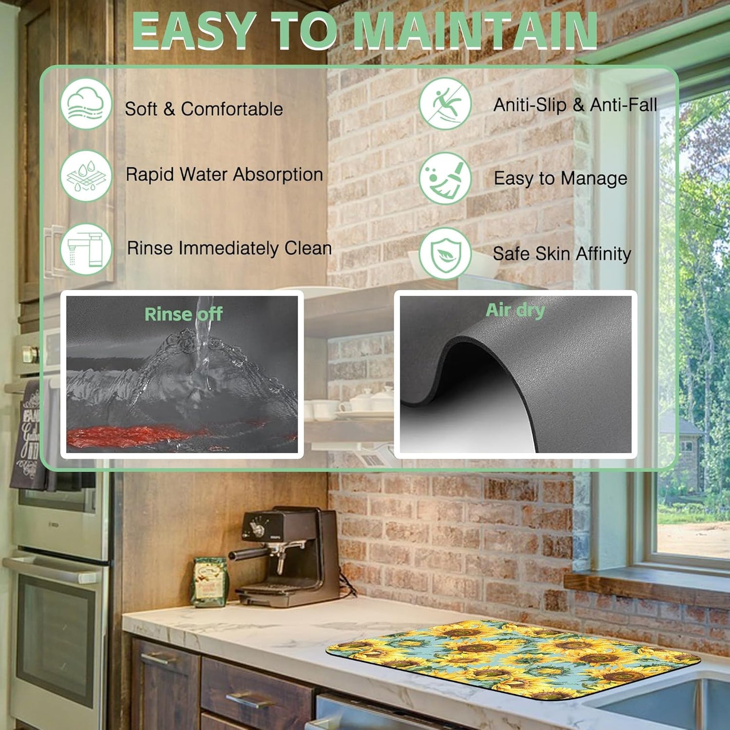 Dish Drying Mat Watercolor Rustic Sunflower Dish Drying Pad,12"X19" Bsorbent Coffee Mat for Sink Dishes or Under Rack Kitchen Counter Accessories Absorbent Hide Stain Rubber Backed Drying Mat