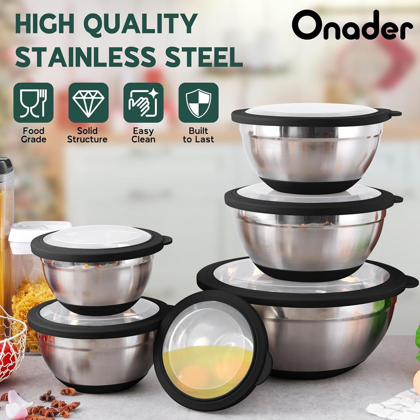 Mixing Bowls with Lids Set of 6 for Kitchen, Stainless Steel Metal Nesting Bowls with Non-Slip Bottom Black - Size 1, 1.5, 2, 2.6, 3.5, 7QT