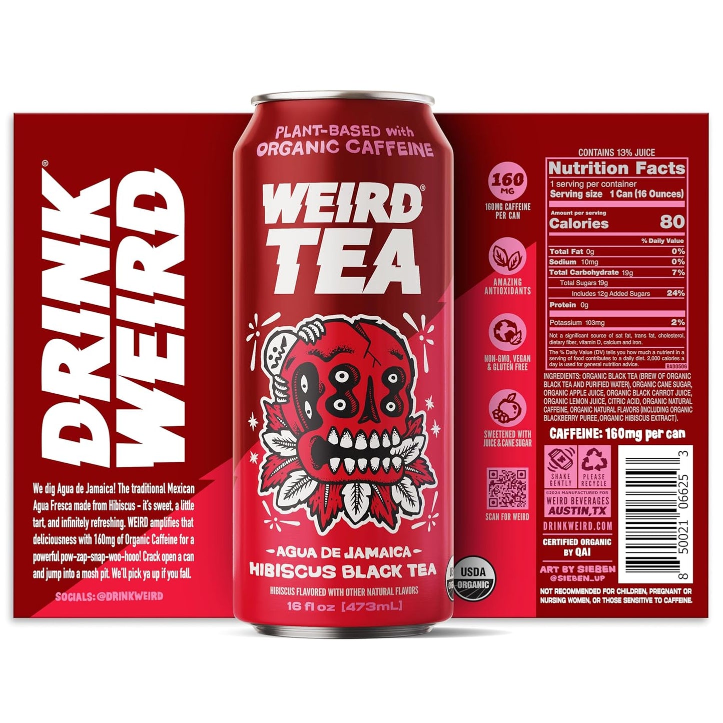 Drink Weird Organic Agua de Jamaica Hibiscus Black Tea – 16oz Cans, 160mg Organic Caffeine, Pack of 12 – Bold & Refreshing Energy Drink Alternative