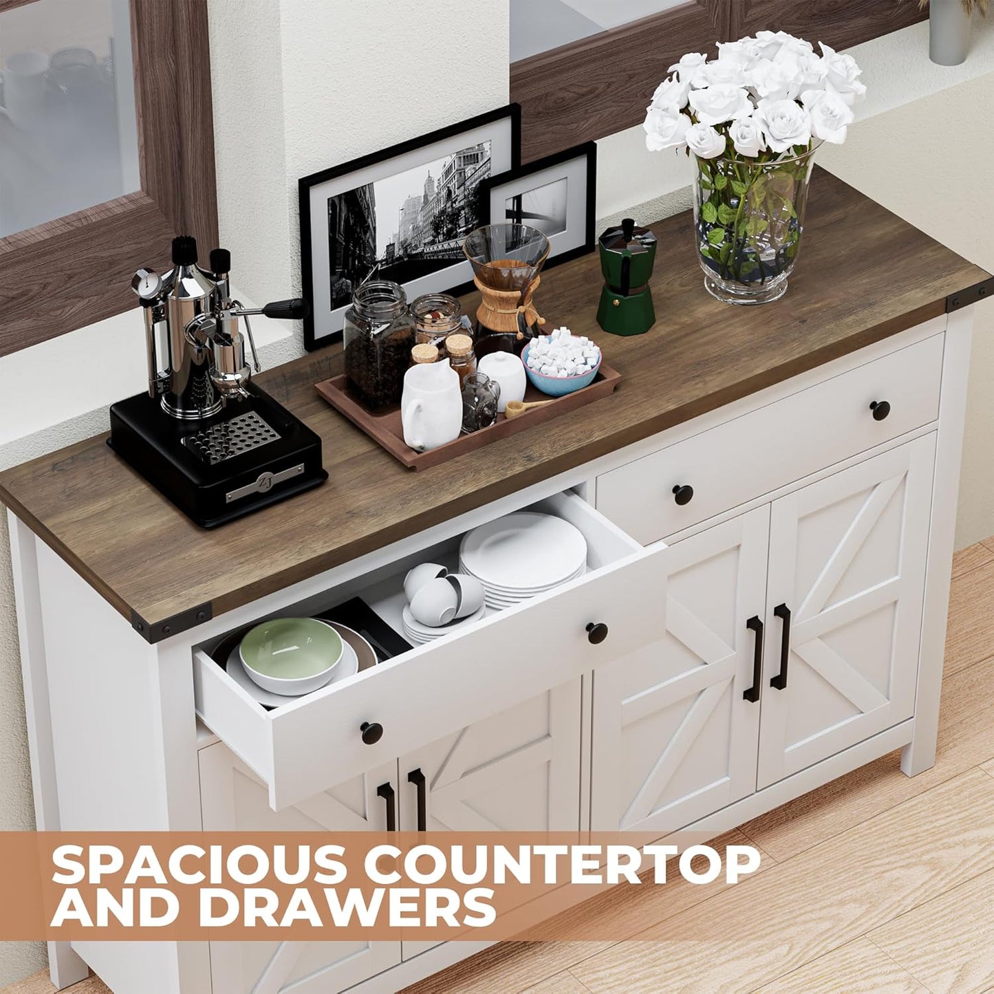 55" Sideboard Buffet Cabinet with Storage, Coffee Bar Cabinet with 2 Drawers and 4 Barn Doors, Long Storage Cabinet Modern Farmhouse, White Wood, for Kitchen, Dining Room, Living Room