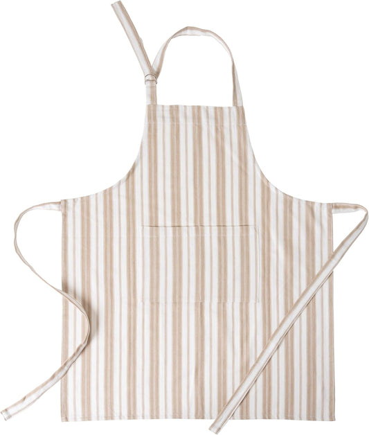 Cotton Professional Apron For Kitchen – 28 x 32 Inches – For Women & Men – Useful When Cooking, Baking, Gardening – Adjustable Strap Around Waist & Neck With Pockets Taupe Stripes