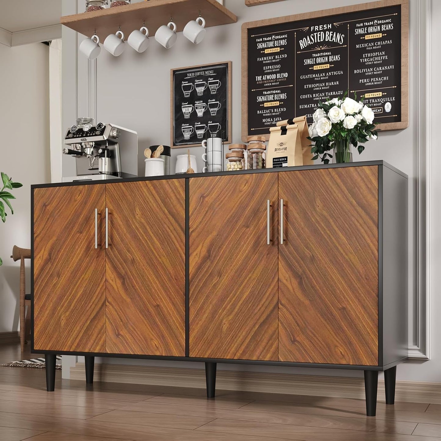 4 EVER WINNER Buffet Cabinet with Storage, 58" Sideboard Cabinet with Adjustable Shelves, Modern Coffee Bar with 4 Doors for Living Room Entryway, Walnut and Black