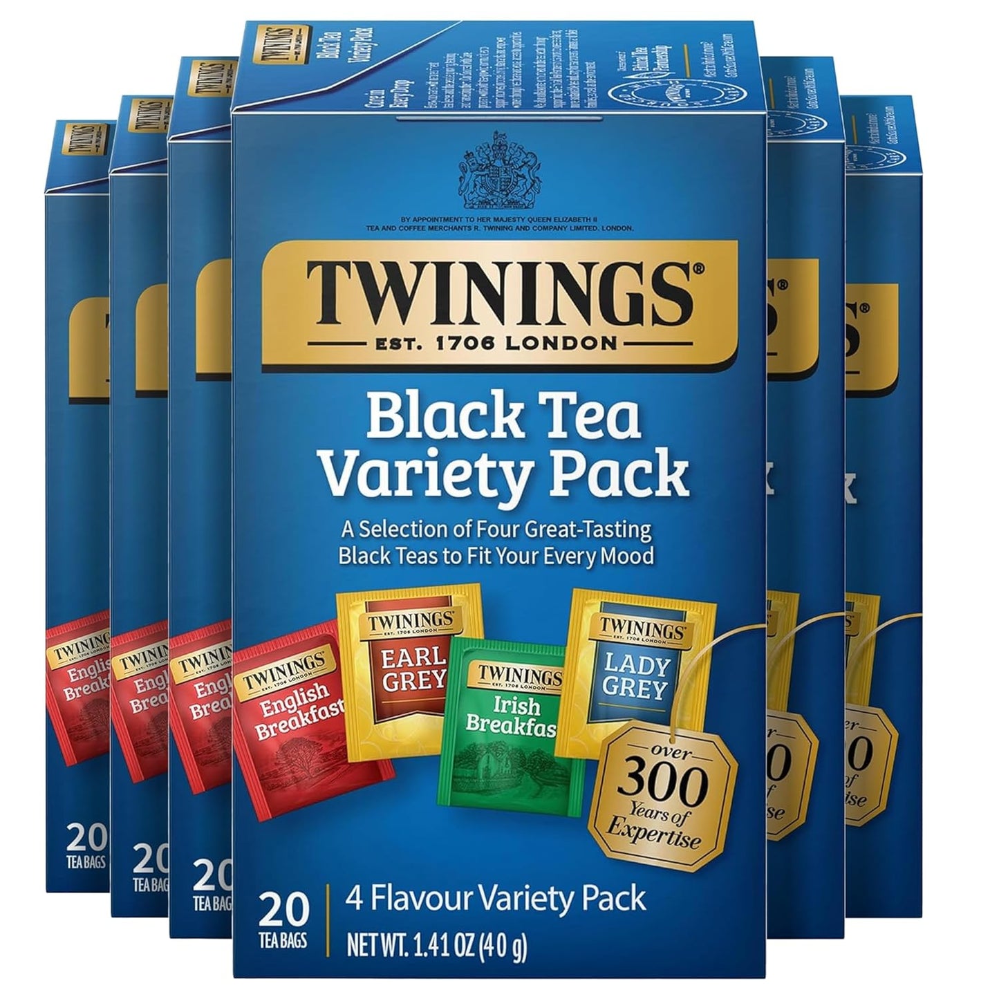 Twinings Variety Pack Black Tea Bags, 20 Count (Pack of 6), Includes English Breakfast, Early Grey, Irish Breakfast, and Lady Grey, Caffeinated, Enjoy Hot or Iced, 120 Teabags