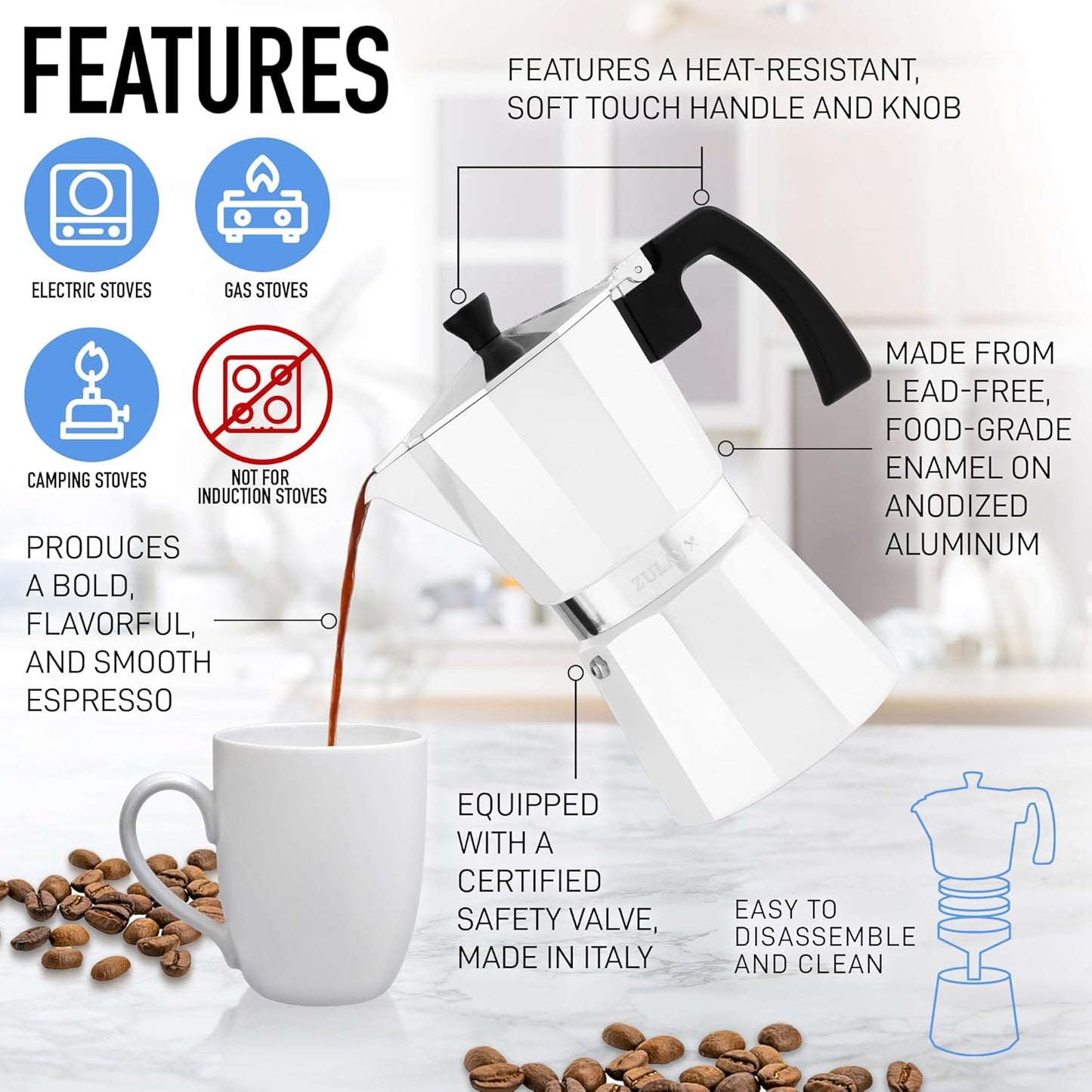 Zulay Moka Pot Espresso Stovetop Coffee Maker - Leak-Proof, Stainless Steel, Easy to Clean, Heat Resistant Handle & Knob - for Authentic Cuban & Italian Style Espresso - Makes 3 Espresso Cups - White