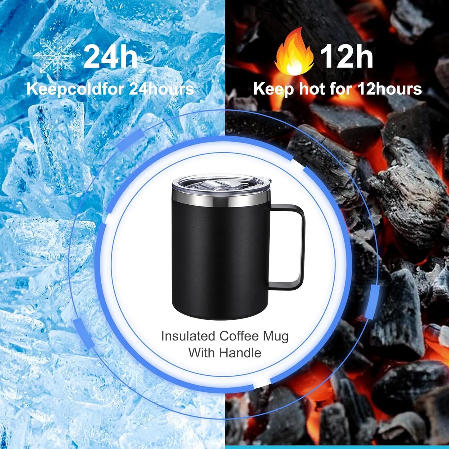 12 oz Insulated Coffee Mug Bulk with Handle, Stainless Steel Travel Coffee Mug with Lid, Double Wall Vacuum Metal Coffee Cup, Coffee Tumbler Powder Coated, Black 4 Pack