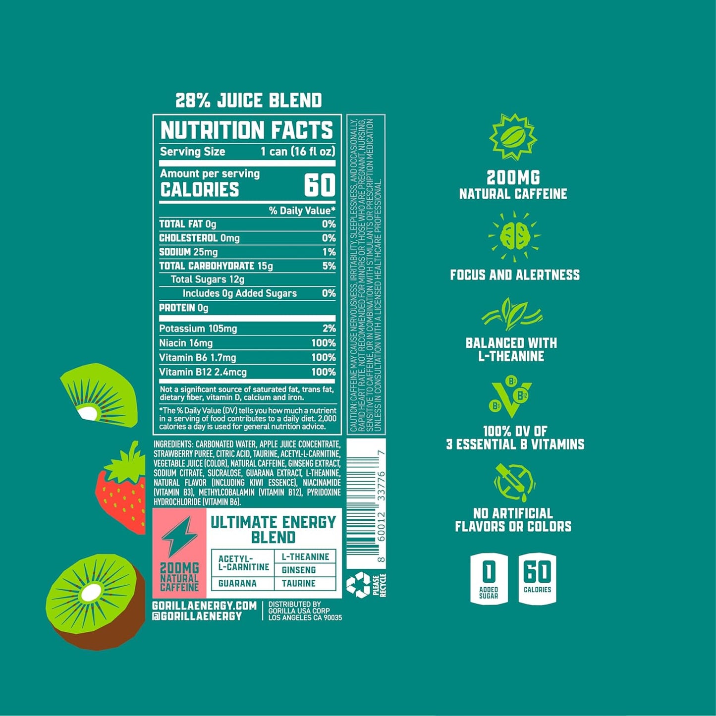 Gorilla Energy Drink, Kiwi Strawberry, 200mg Natural Caffeine, Real Fruit Juice Squeezed & Concentrated, L-Theanine, Taurine, Ginseng, Acetyl L-Carnitine, No Added Sugar and No Artificial Colors, 12 Pack