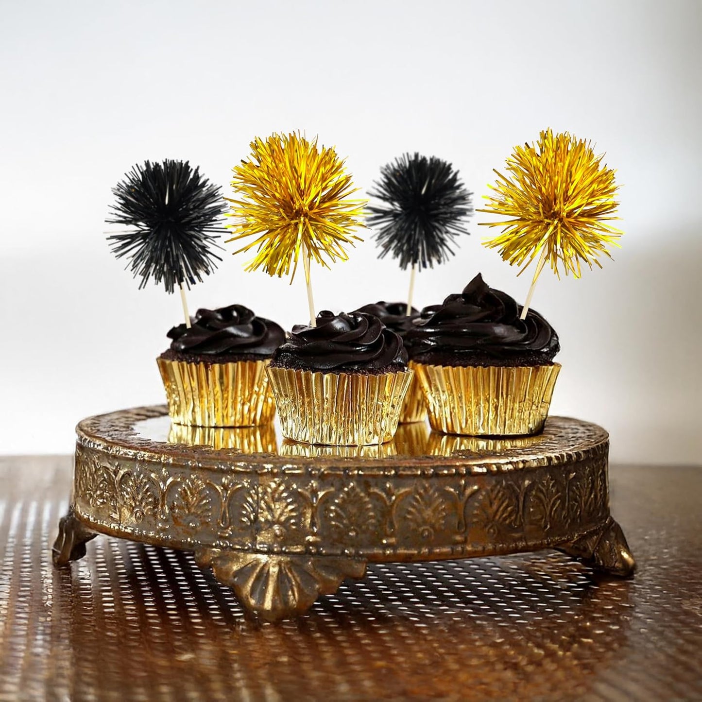 Ephlyn 30Pcs Foil Firework Cupcake Toppers Sparkle Tinsel Cupcake Picks Happy Birthday Cake Decorations Drink Stirrers Cocktail Food Toothpicks for Baby Shower Graduation Party Supplies Black Gold