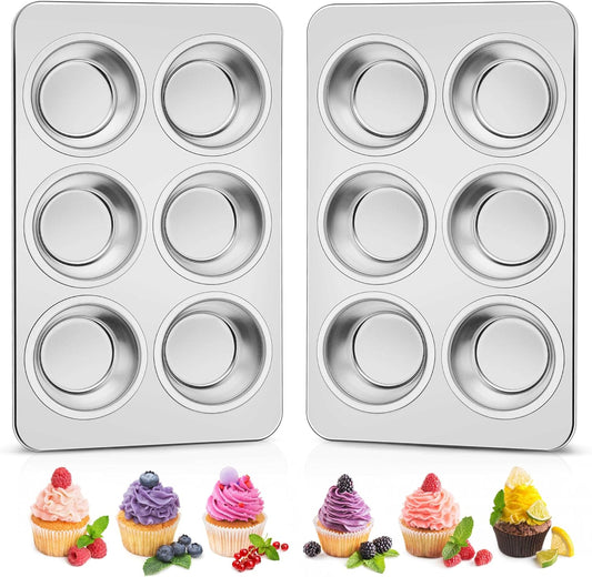 Homikit 2 Pack Muffin Pan, Stainless Steel Cupcake Baking Tin with 6 Cups Regular Size, 11.4 x 7 Inches Metal Egg Bites Tray for Toaster Oven, Rust Free & Non Toxic, Easy Release & Dishwasher Safe