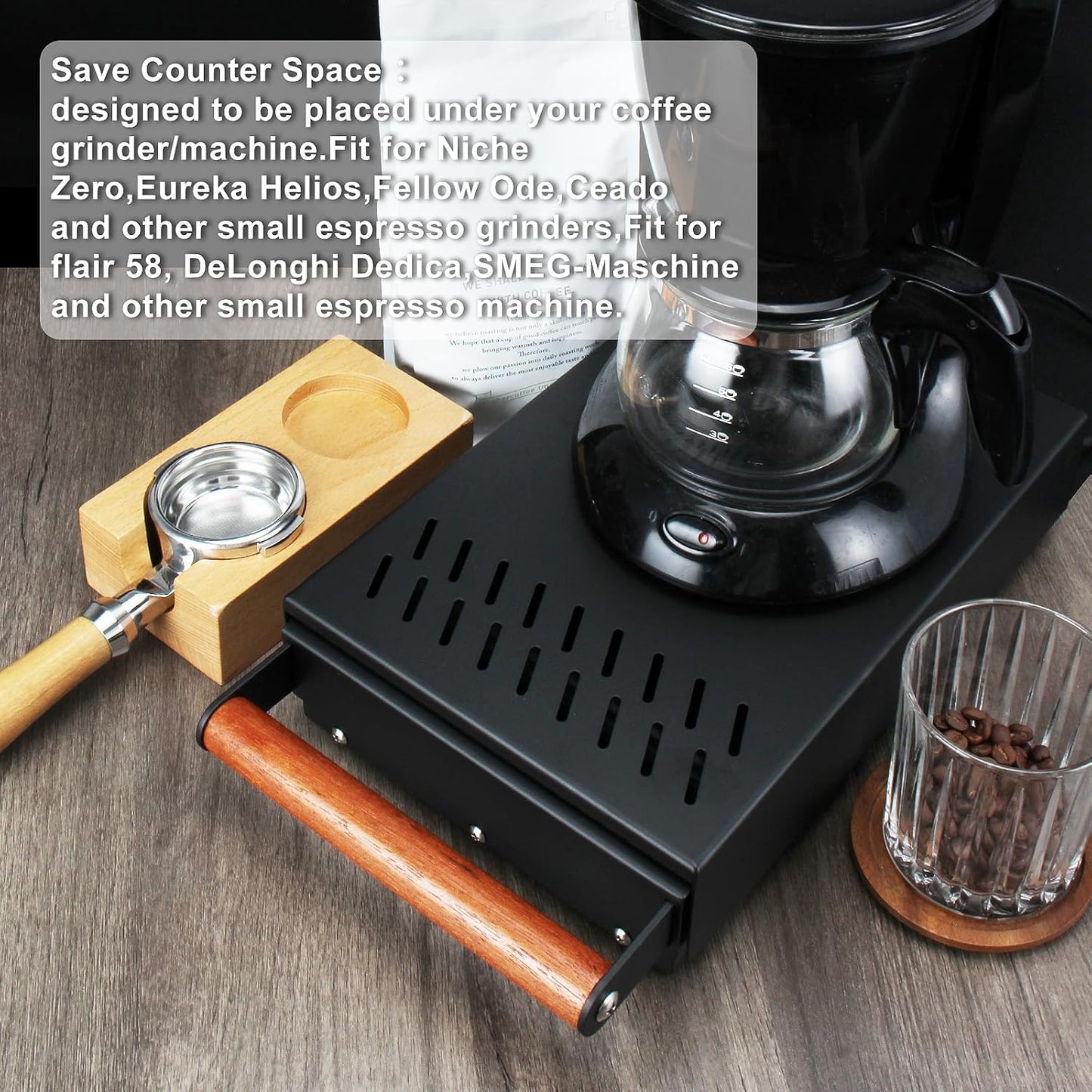 Espresso Knock Box Drawer,Stainless Steel Detachable Coffee Pucks Knock Container, Shock-Absorbent Durable Barista Style Knock Box, Removable Knock Bar,Wood handle and Non-Slip Base (Black)