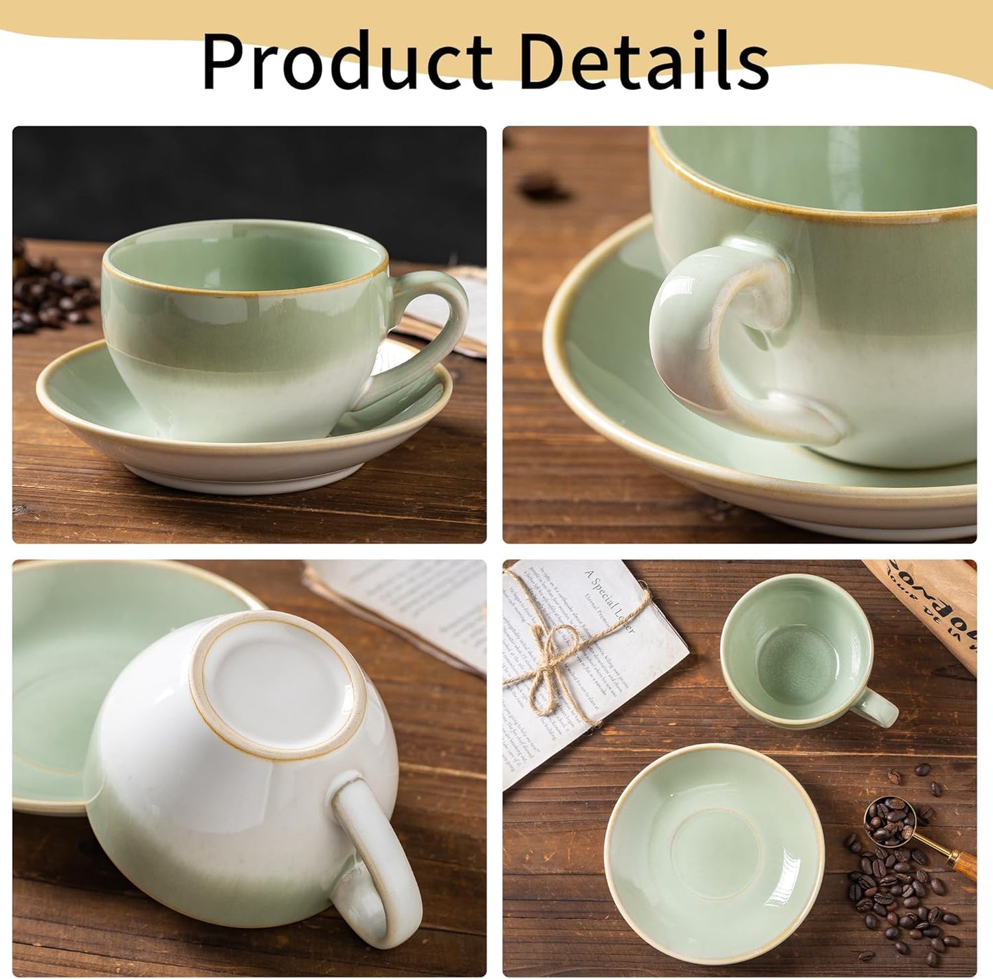 Porcelain Coffee Cup with Saucer Spoon, Vintage Design Ceramic Latte Art Cappuccino Barista Espresso Tea Cup with Saucer (11.6 oz, 350ml, White Both Green)
