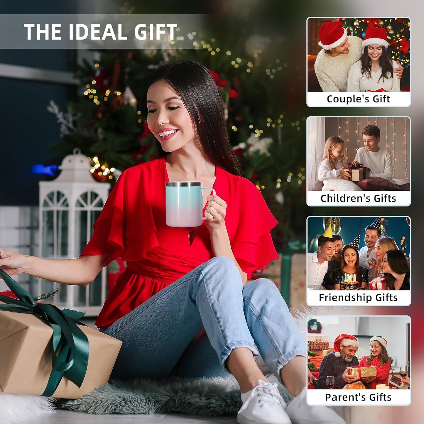 Volhoply 14oz Insulated Stainless Steel Coffee Mug with Leakproof Lid,Double Wall Vacuum Travel Coffee Cup with Handle, Reusable Cups Tumbler,Camping Mugs Keep Hot, Ideal Gifts(Green Pink,1 Set)