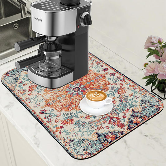Persian Vintage Boho Carpet Coffee Mat Dish Drying Mat for Kitchen Counter Absorbent Hide Stain Rubber Backed Coffee Bar Accessories Fit Under Espresso Machine Dish Drainer 11.8 x 19.7 Inch