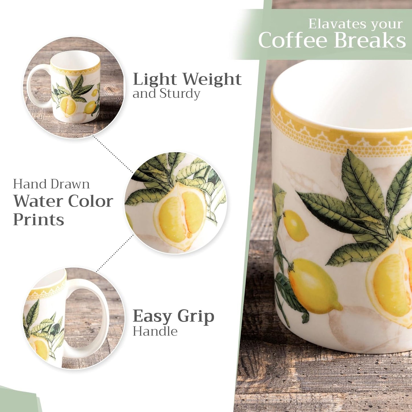 Maison d' Hermine Coffee Mug with Handles Fine Bone China Mugs Pack of Two Tea Cups for Hot Beverages Cappuccino Latte Home Restaurant Office Perfect for Gift (Limoncello, 15 Ounce)