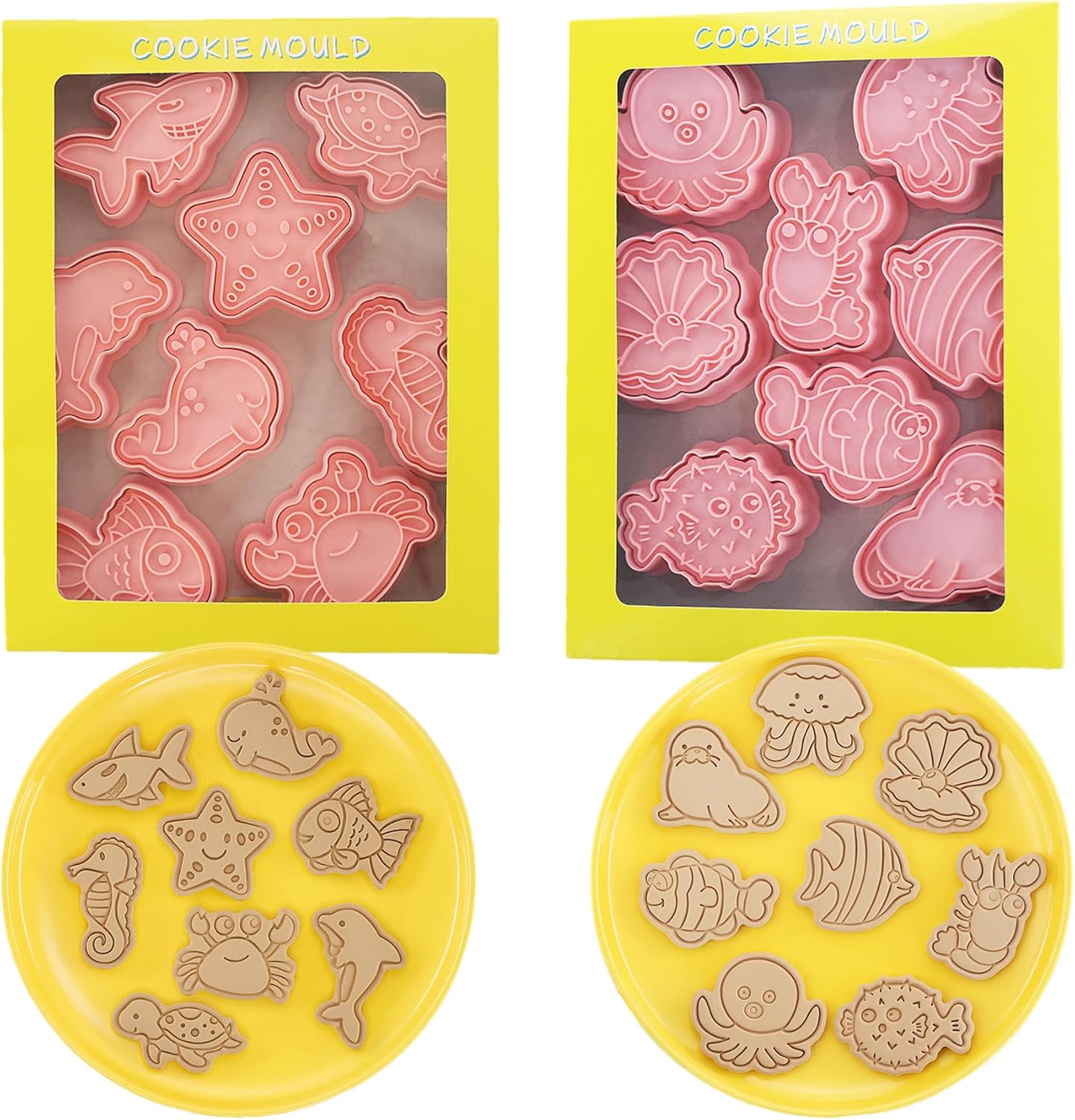 16Pcs Ocean Animal Cookie Cutters with Plunger Stamps Set, Fish, Dolphin, Starfish Plastic Biscuit Cutters, Sea Themed DIY Embossing Cutter for Biscuit Cookie Fondant Cheese Baking (F16)