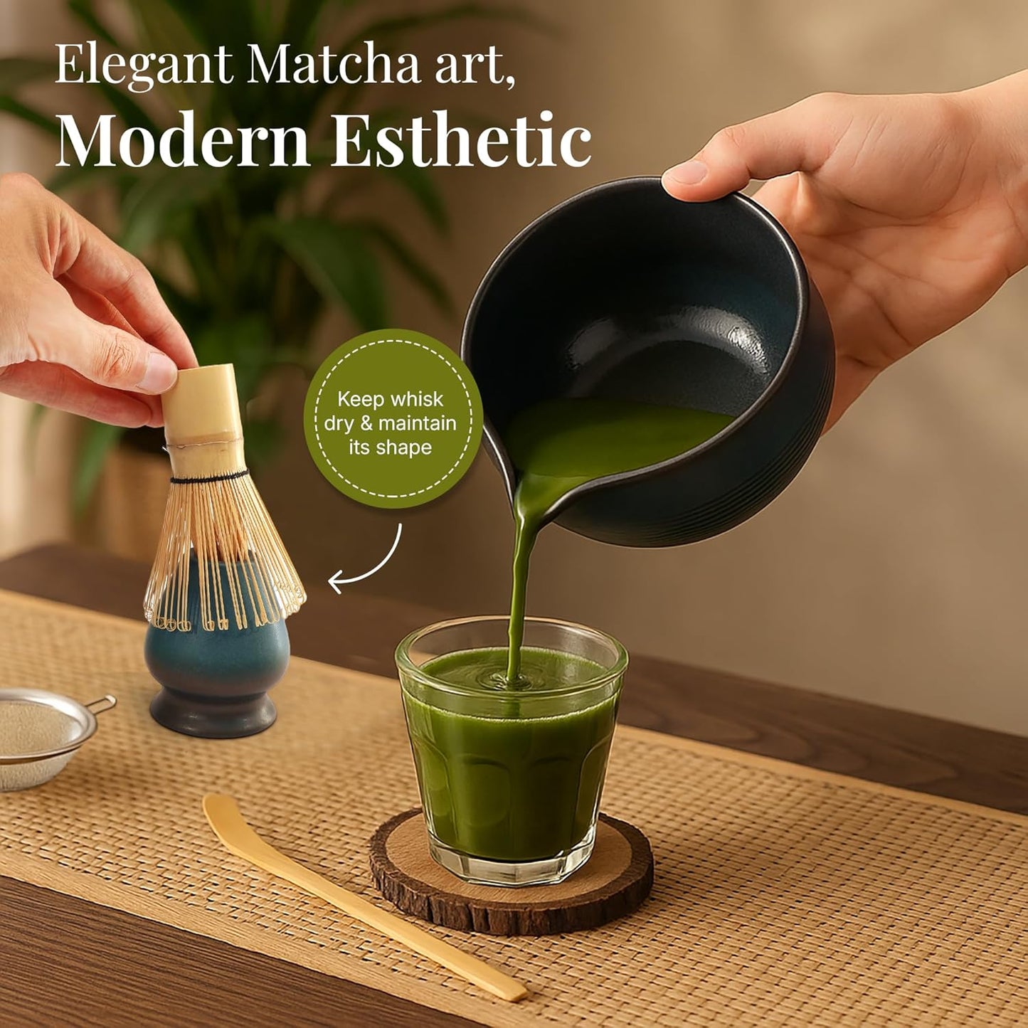 Matcha Whisk Set,includes Matcha Bowl,Matcha Whisk and Holder by Bamboo, Spout, Matcha Sifter Strainer Spoon Scoop Chasen Holder Towel- Perfect Japanese Matcha Set(8 Pcs Blue)