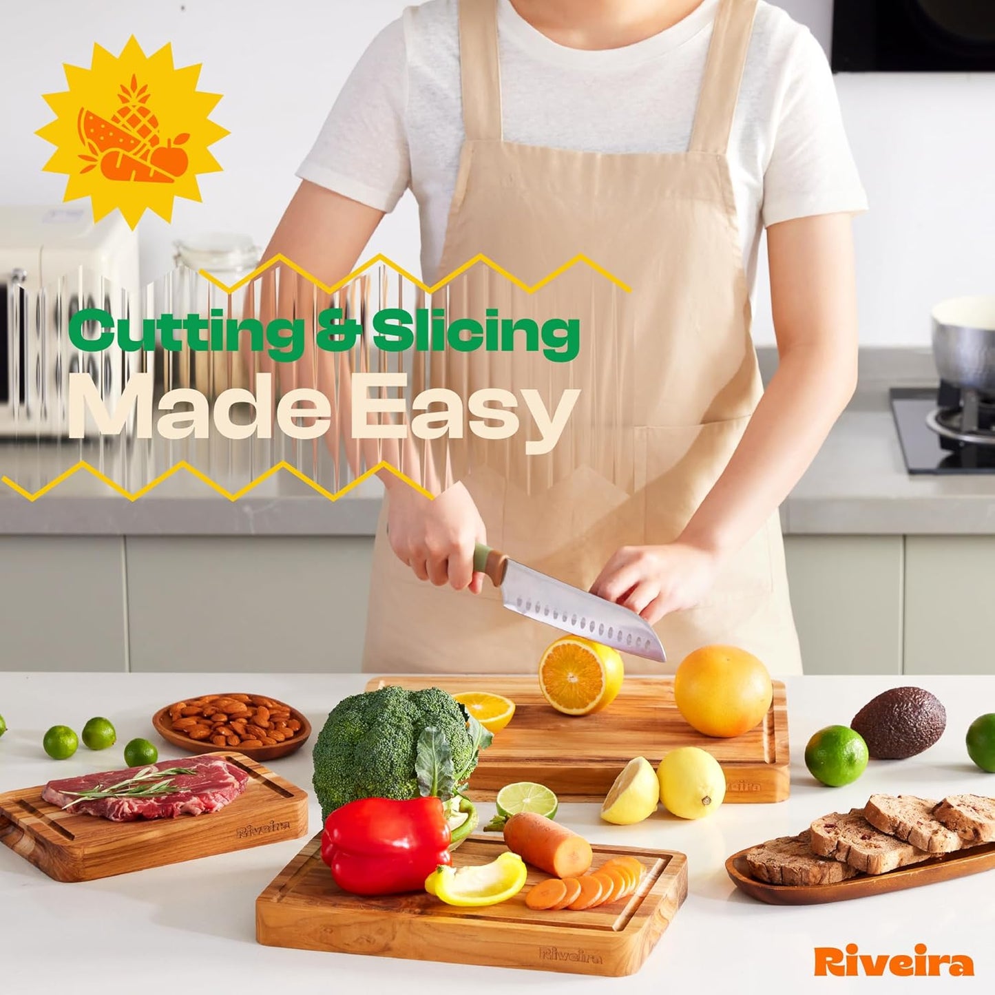 Riveira Teak Wood Cutting Board – Gourmet Teak Grandeur: 12 x 10 Wooden Cutting Board – Natural Wooden Cutting Boards For Kitchen Decorative – Innovative Juice Grooves Teak Wooden Chopping Board