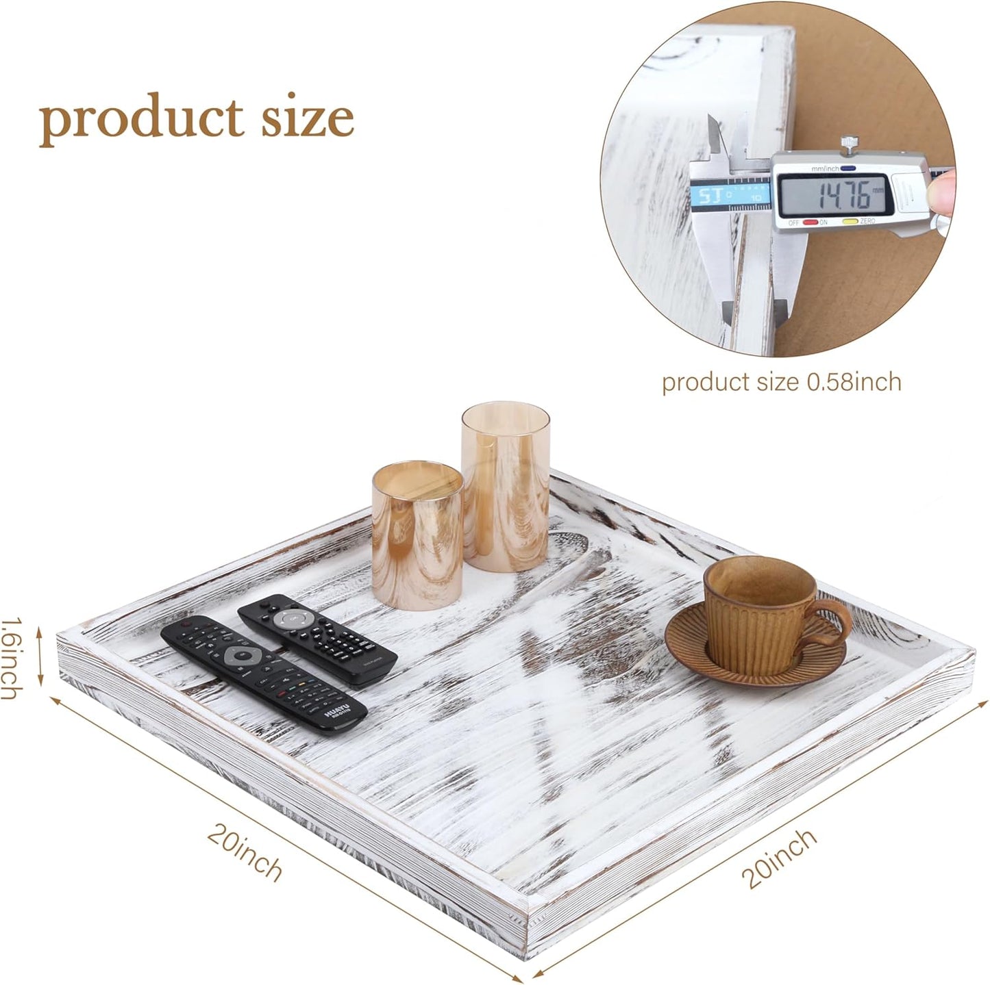 Extra Large Square Ottoman Table Tray 20" - Rustic Wooden Serving Tray for Farmhouse Decorative Oversized Coffee Table Trays Living Room Kitchen Counter Breakfast White