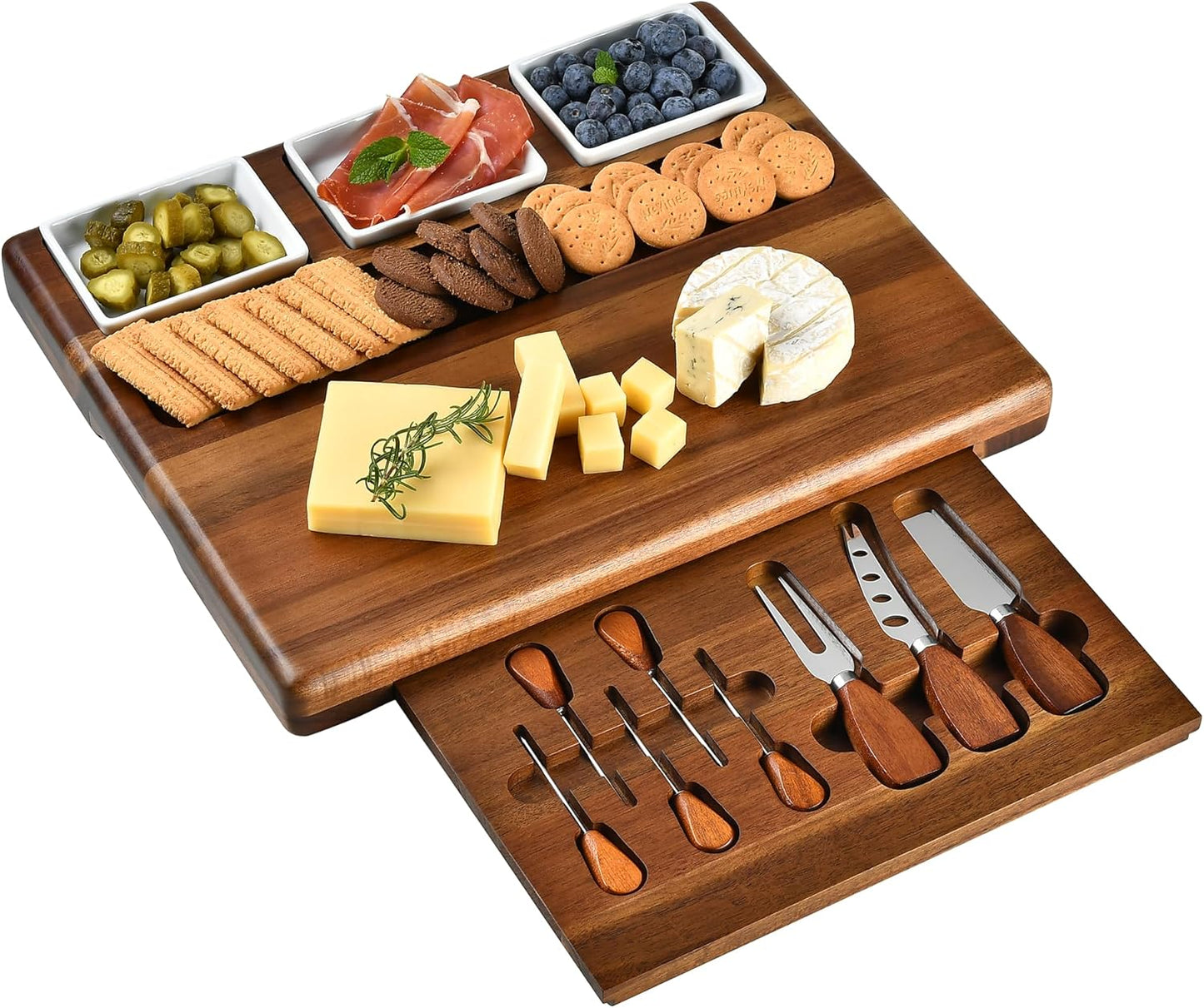 Shanik Large Acacia Wood Charcuterie Board Set with 3 Removable Ceramic Bowls & Serving Utensils - Housewarming, Wedding, Bridal Shower, Home and Kitchen, New Home Gift Ideas for Women, Gifts for Her