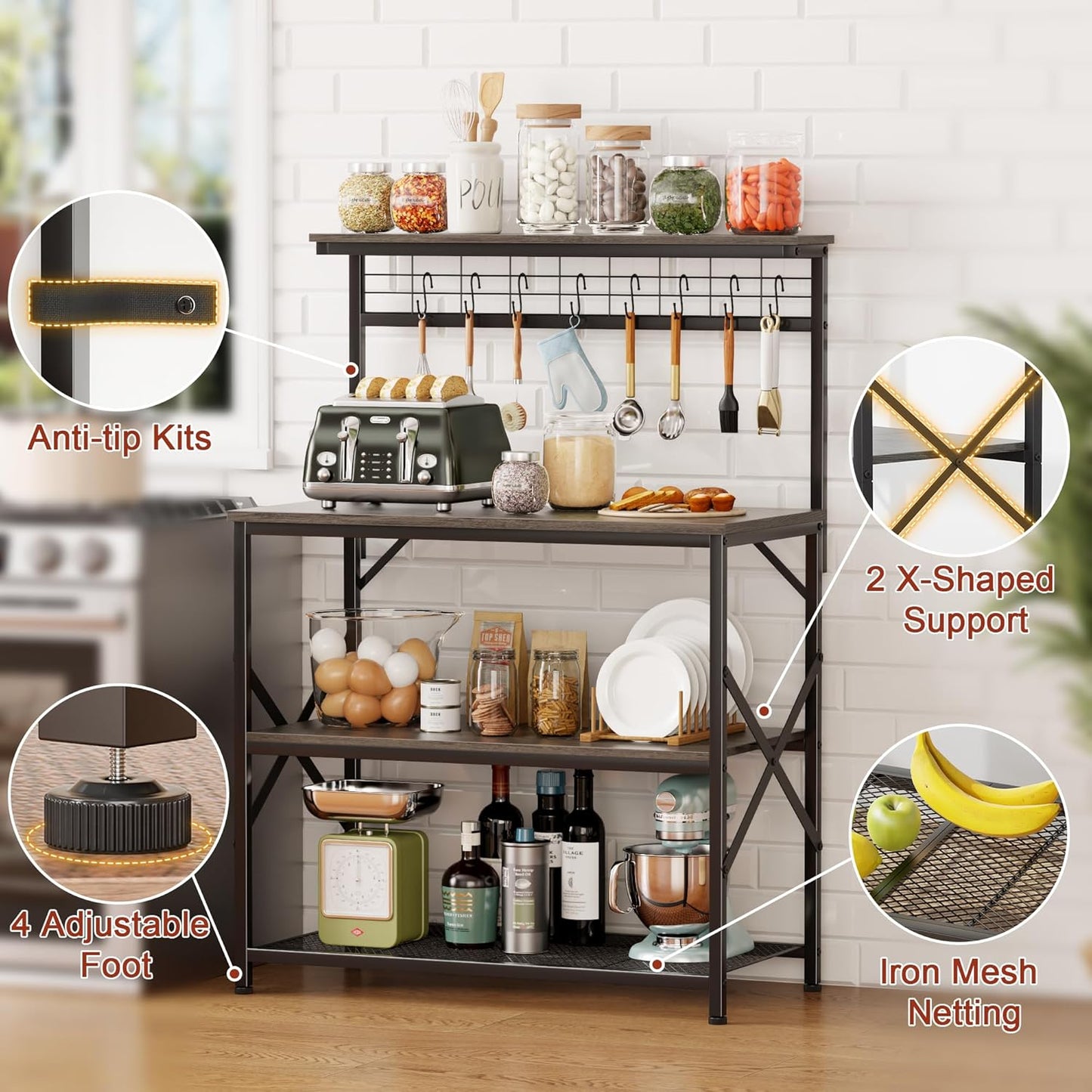 Furologee Kitchen Bakers Rack with Hutch,Coffee Stand with Storage 4 Tiers,Coffee Bar Station with a 31.5 Inch Larger Desktop and 8 S Hooks,Kitchen Microwave Rack for Spices,Pots,Rustic Brown