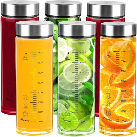 Glass Juice Bottles 6 Pack 16 oz - Wide Mouth Glass Water Bottles with Lids - for Juicing, Protein, Smoothie, Milk, Reusable, BPA Free, Stainless Steel Lids, Blender, Shaker Bottle (16oz/500ml)