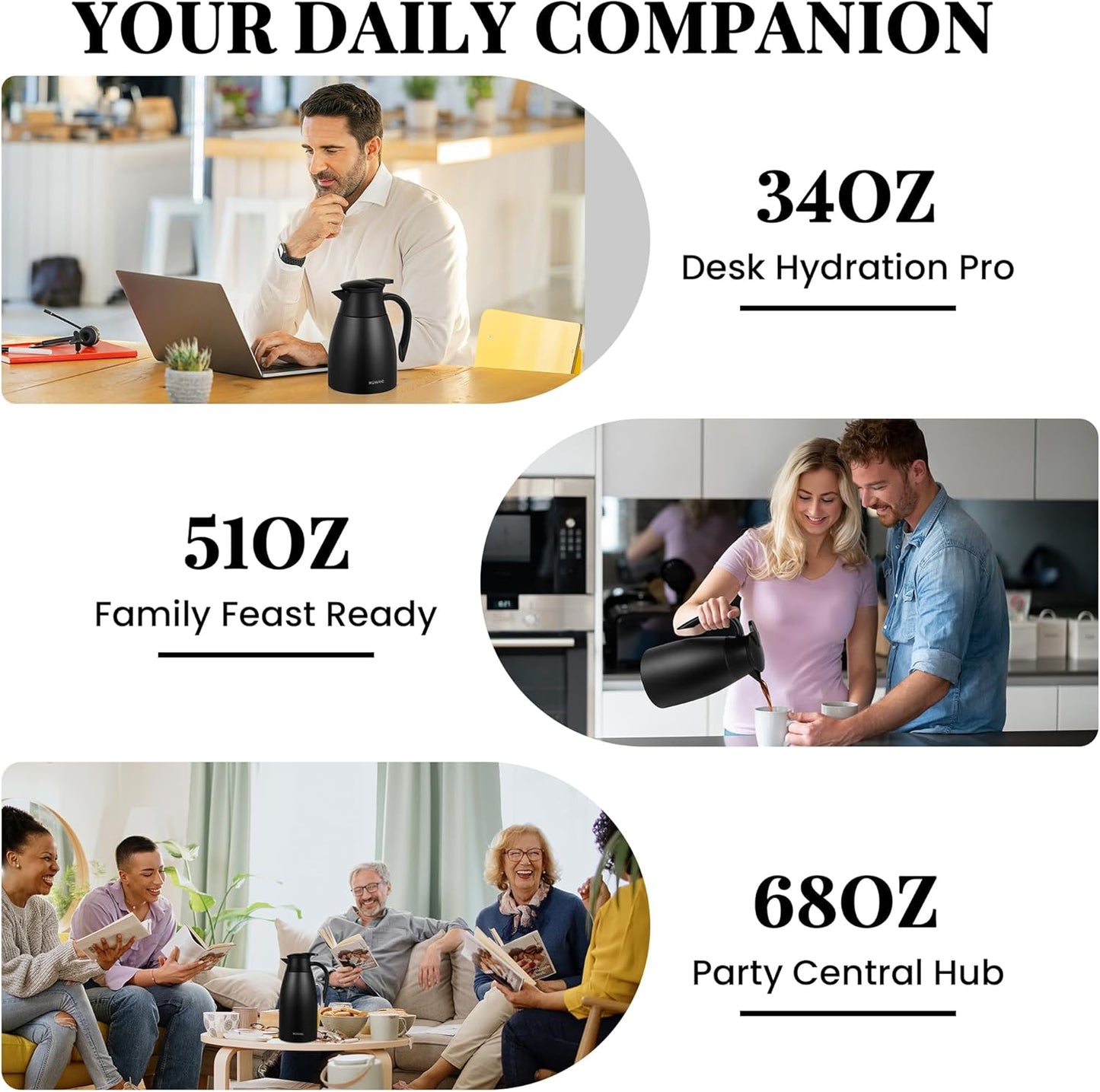 34 Oz Thermal Coffee Carafe, Stainless Steel Insulated Vacuum coffee crafts to keep coffee hot, 1 Liter Tea Water Coffee and Beverage Dispenser (Black)