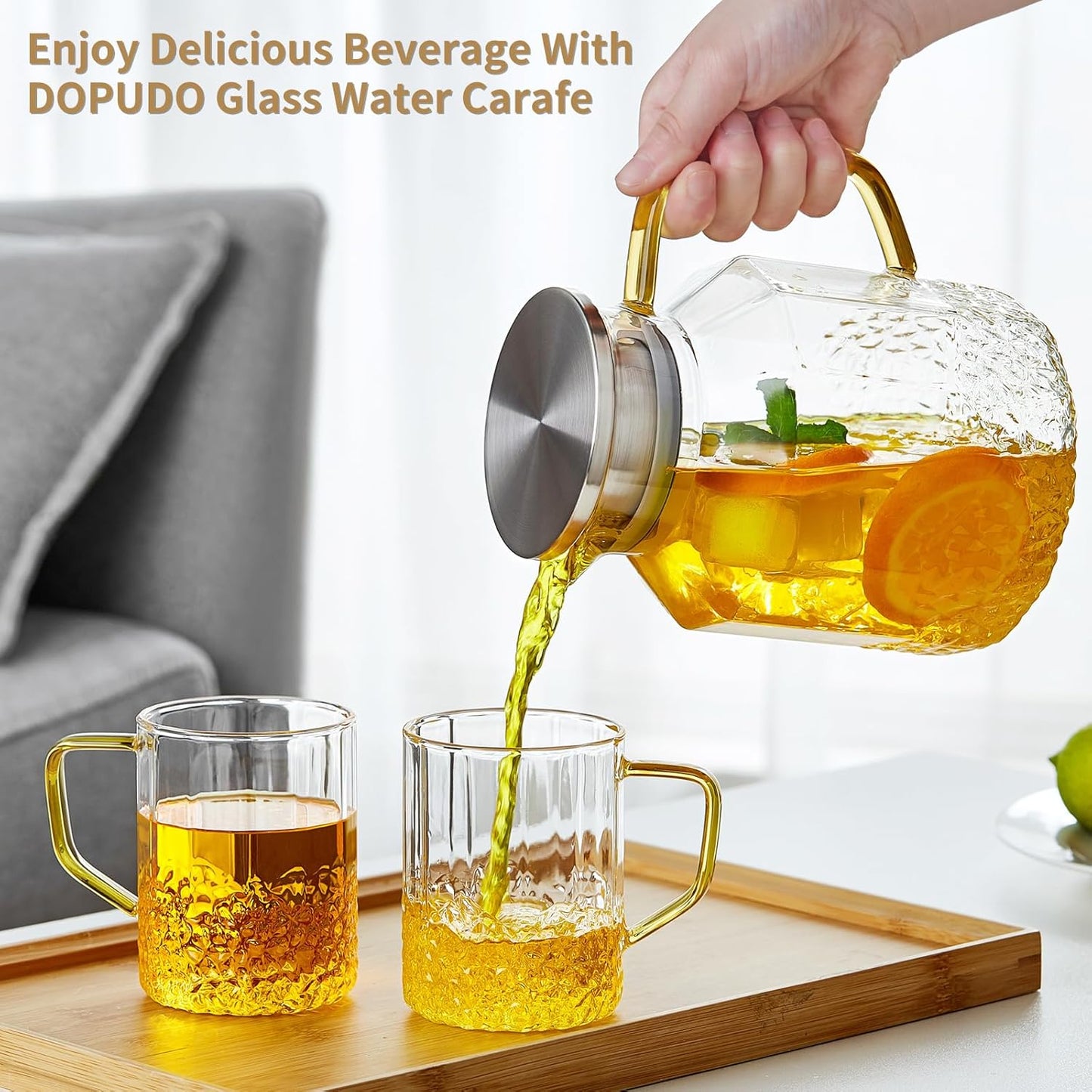 1600ml Glass Water Pitcher with Lid and Spout, Glass Water Jug Carafe for Hot/Cold, Full Glass Teapot, Large Iced Tea Pitcher for Homemade Beverage