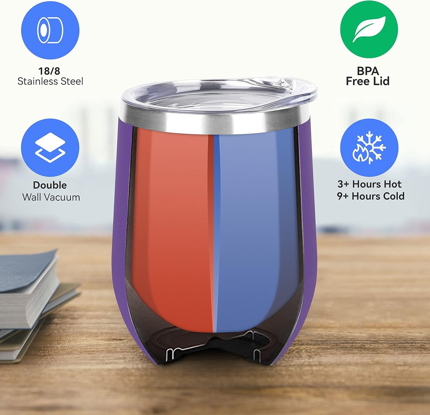 DOMICARE Stainless Steel Wine Tumbler Bulk with Lid, Personalized Insulated Tumblers Set, 12oz Travel Coffee Cups Pack of 4, Purple