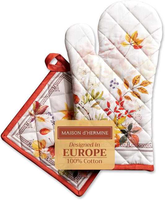 Maison d' Hermine 100% Cotton Oven Mitt & Pot Holder Set (7.5"x13" & 8"x8") Heat Resistant BBQ Cooking Gloves with Loop, Baking, Grilling, Kitchen, Handling Hot Pans (Amarante)