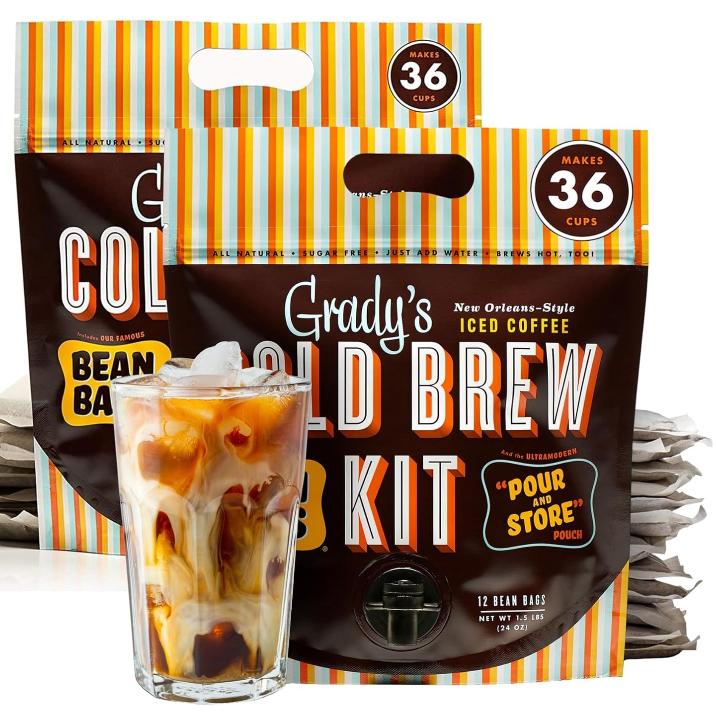 GRADY’S COLD BREW, New Orleans Style, 100% Arabica Ground Coffee & Chicory Pouches, 2 All-in-One Cold Brew Kits, each with 12 Easy-to-Brew Beans Bags, Makes 72 drinks