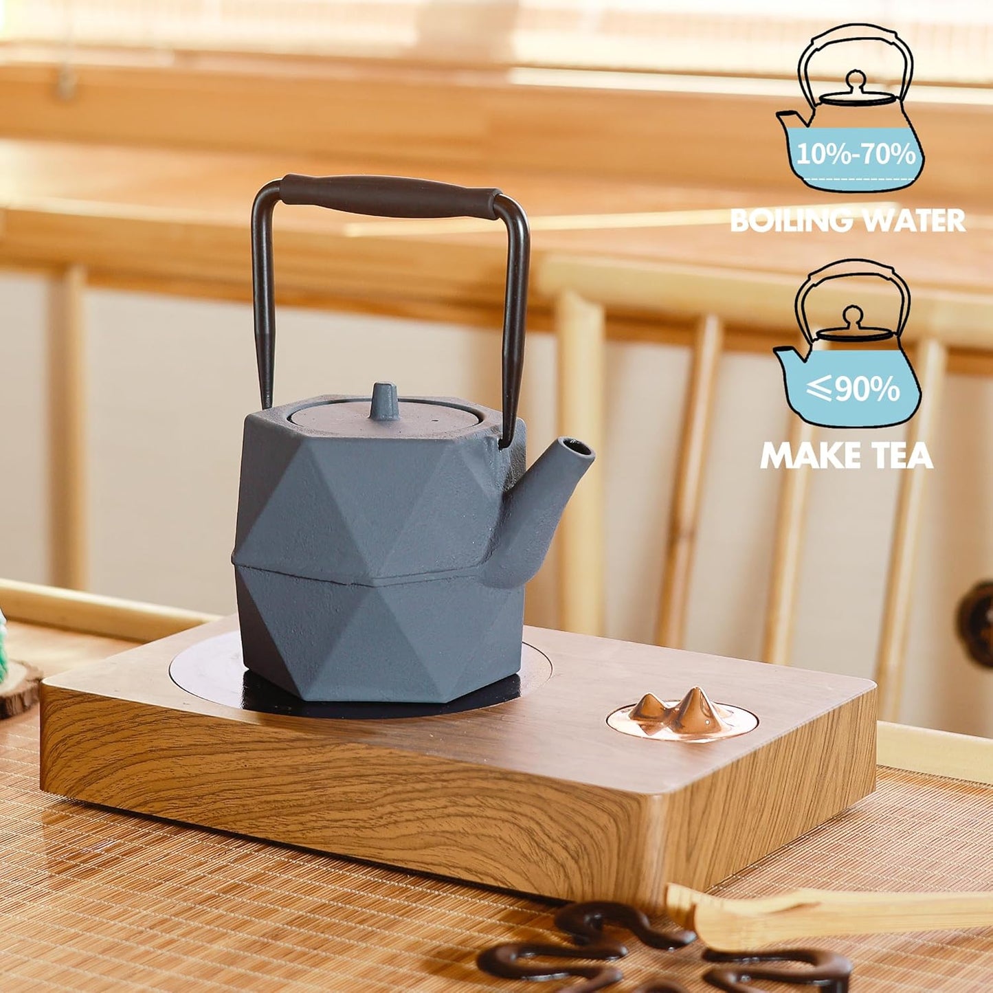 Cast Iron Teapot, 35oz Tea Kettle Stovetop Safe with Infuser for Tea Coffee, Japanese Minimalist Diamond Pattern Tea Pot with Enameled Interior, 1000ml Grey