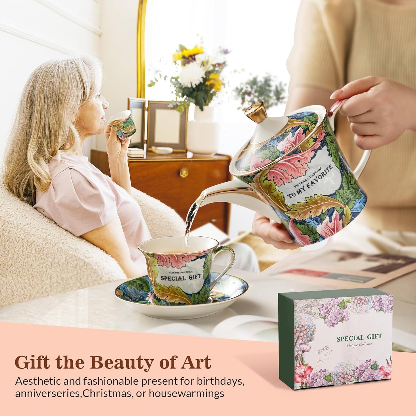 ACMLIFE Porcelain Tea Set for Adults, 15-Piece Green Bone China Tea Set for Women, Tea Cups and Saucers Set Service for 4, Gift (green, large set 13)