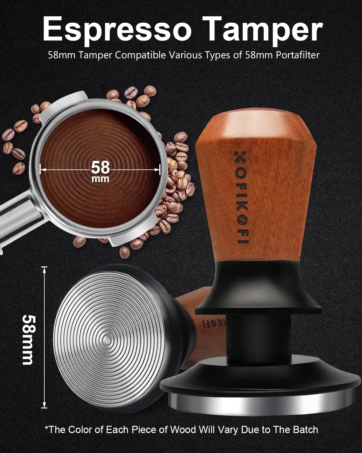 58mm Espresso Tamper, Coffee Tamper with 30lbs Spring Loaded, Espresso Coffee Tamper with Stainless Steel Ripple Base and Rosewood Handle Fits for E61,Breville and All 58mm Espresso Machines