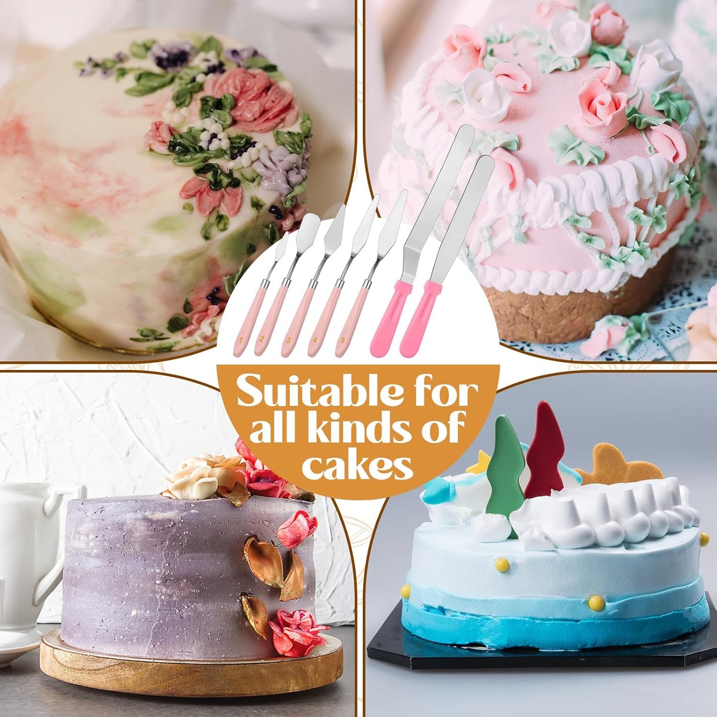 10 Pcs cake spatula set Decorating Kit Baking Supply Accessories Tools for Beginners and Pros Includes 2 Frosting Straight Angled Spatula 3 Icing Smoother Scrapers 5 Pieces Cream tools(Pink)