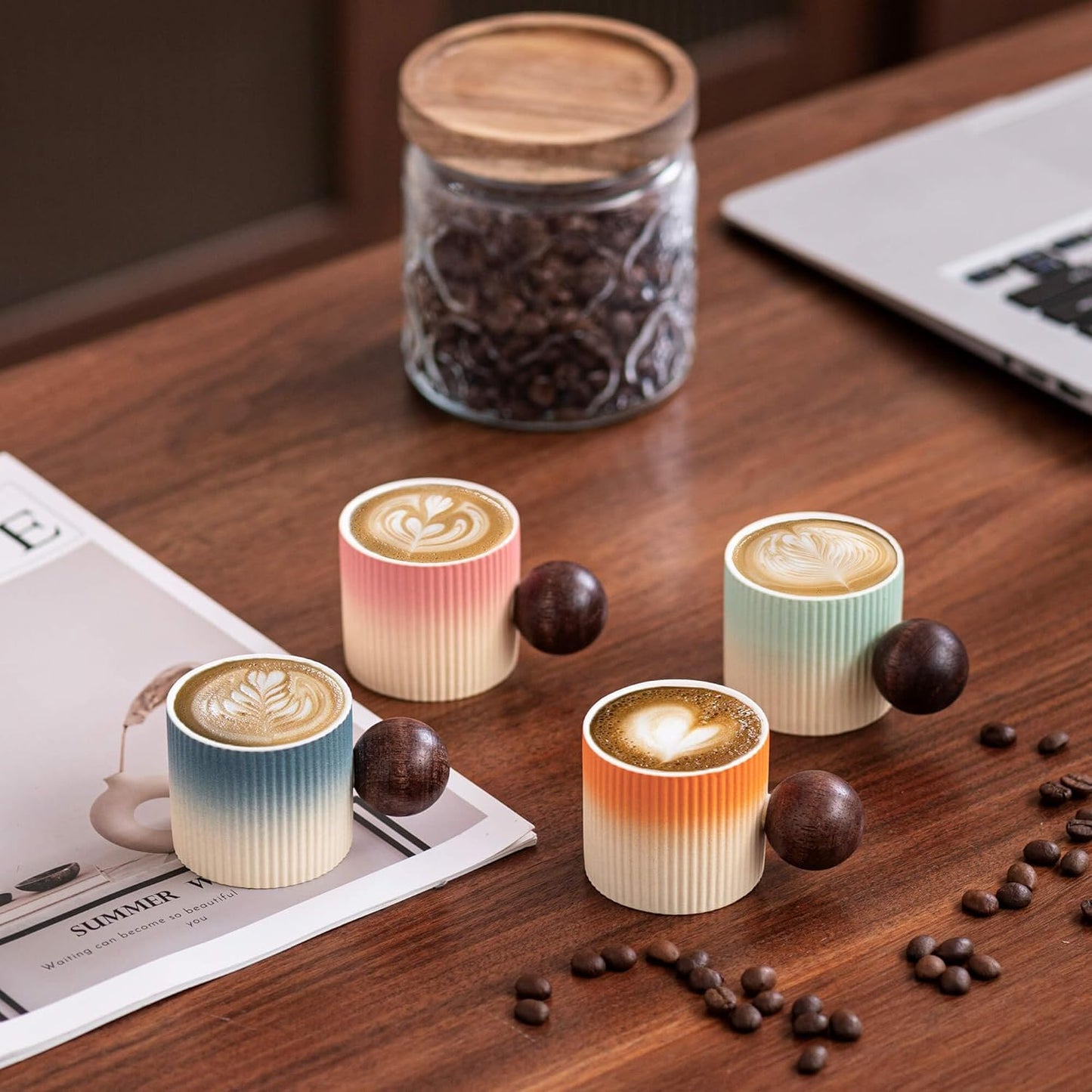 Ceramic Mini Espresso Cups Demitasse Cups with Round Wooden Handle Vertical Stripes Tea Cups (Beige&Blue, 4pcs)