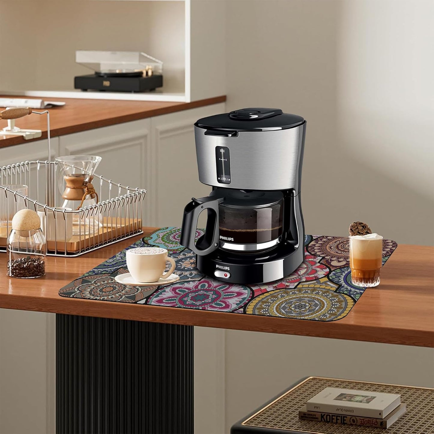 Dish Drying Mat Bohemia Vintage Decorative Pattern Kitchen Mat 12"x19" Bsorbent Coffee Maker Mat for Dishes,Utensils Coffee Maker Pots and Pans Easy Clean Dish Slip Resistant Pad