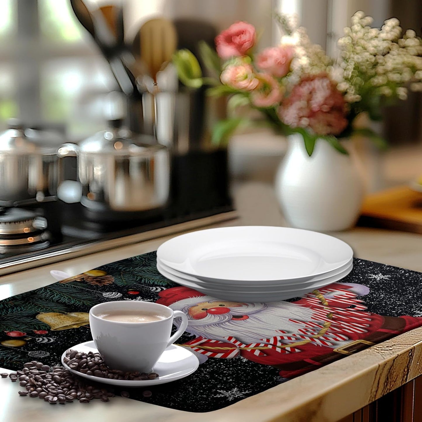 Christmas Santa Claus Dish Drying Mat Winter Drying Dish Mat for Kitchen Countertops Xmas Dish Dryer Mat Microfiber Dishes Drainer Pad Dish Drying Pad (18x24 in)