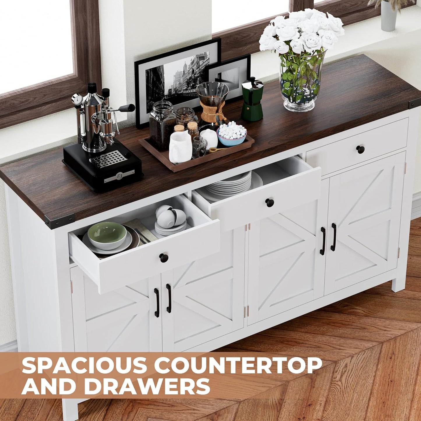 63" Sideboard Buffet Cabinet with Storage, Coffee Bar Cabinet with 3 Drawers and 4 Barn Doors, Long Wider Storage Cabinet Modern Farmhouse, White Wood, for Kitchen, Dining Room, Living Room