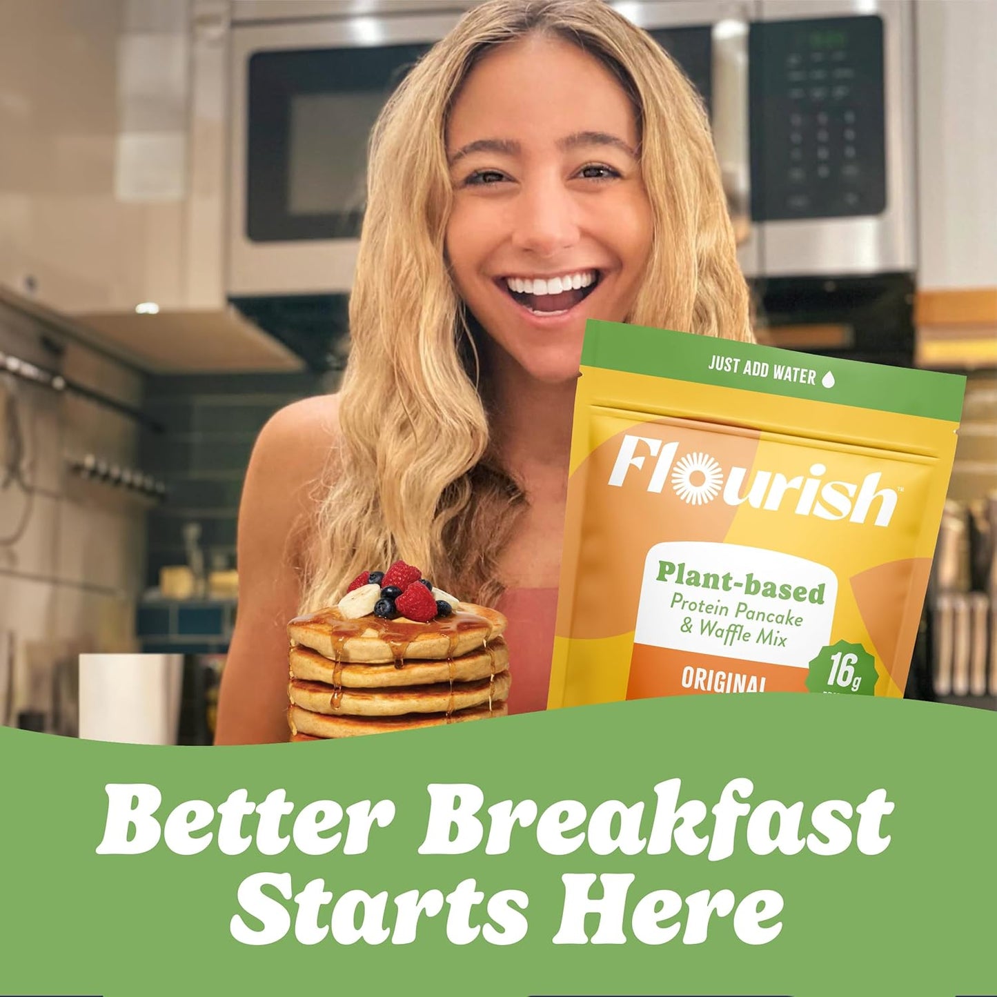 Flourish Plant-Based Protein Pancake & Waffle Mix, Gluten-Free, Dairy-Free, Nut-Free, Soy-Free, Vegan, Non-GMO, All-Natural Superfood, High Protein & Fiber, Just Add Water - Original, 430 g (2 Pack)