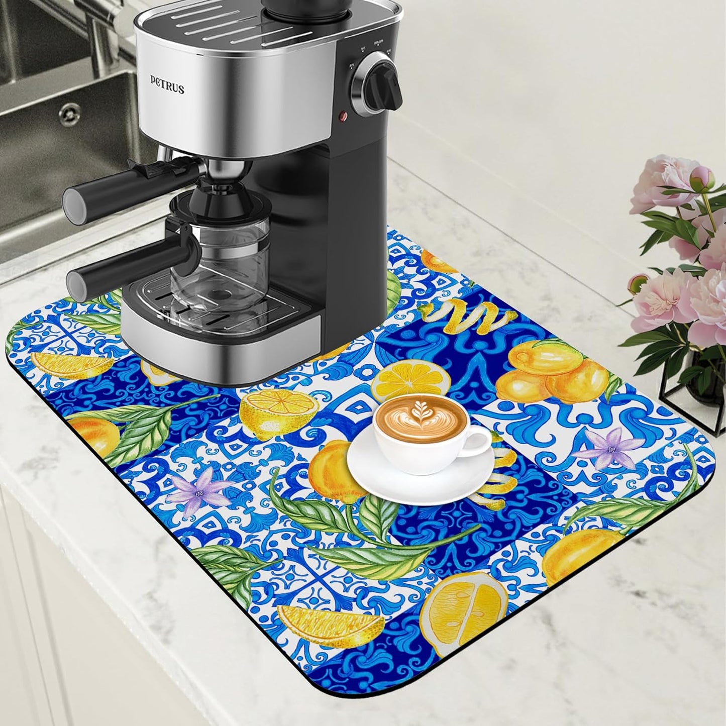 Lemon and Blue Tile Dish Drying Mat for Kitchen Counter Coffee Bar Mat Hide Stain Absorbent Rubber Backed Drying Rack Pad Espresso Machine Coffee Bar Accessories 11.8 x 19.7 Inch