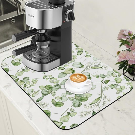 Eucalyptus Leaves Dish Drying Mat for Kitchen Counter Bar Mat Hide Stain Absorbent Rubber Backed Coffee Mat Coffee Maker Espresso Machine Accessories 11.8 x 19.7 Inch