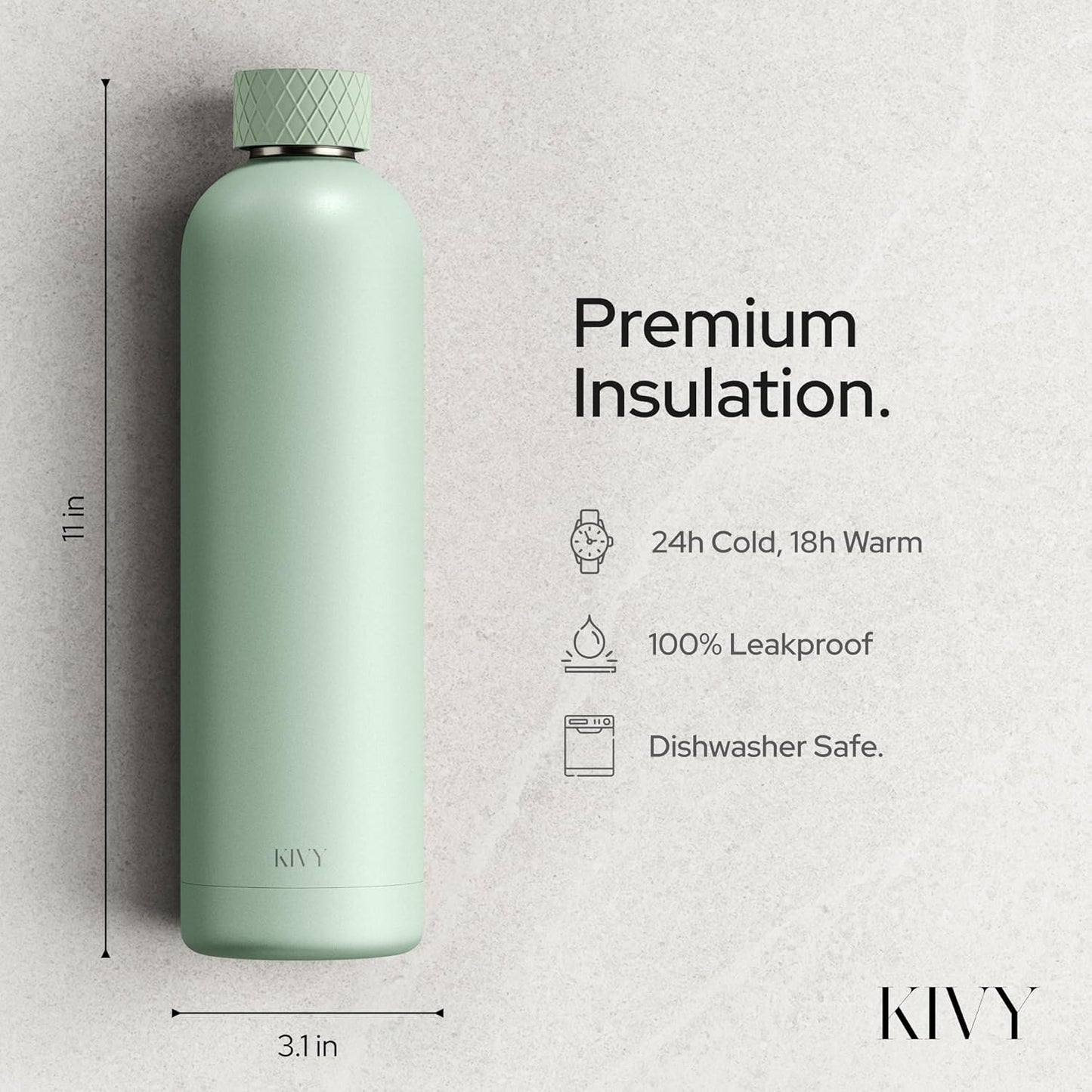 KIVY 32oz Stainless Steel Insulated Water Bottle - Leak Proof, Keeps Cold Up to 24 Hours, Hot Up to 18 Hours - 1 Liter Capacity, Premium Insulation, Leakproof Lid