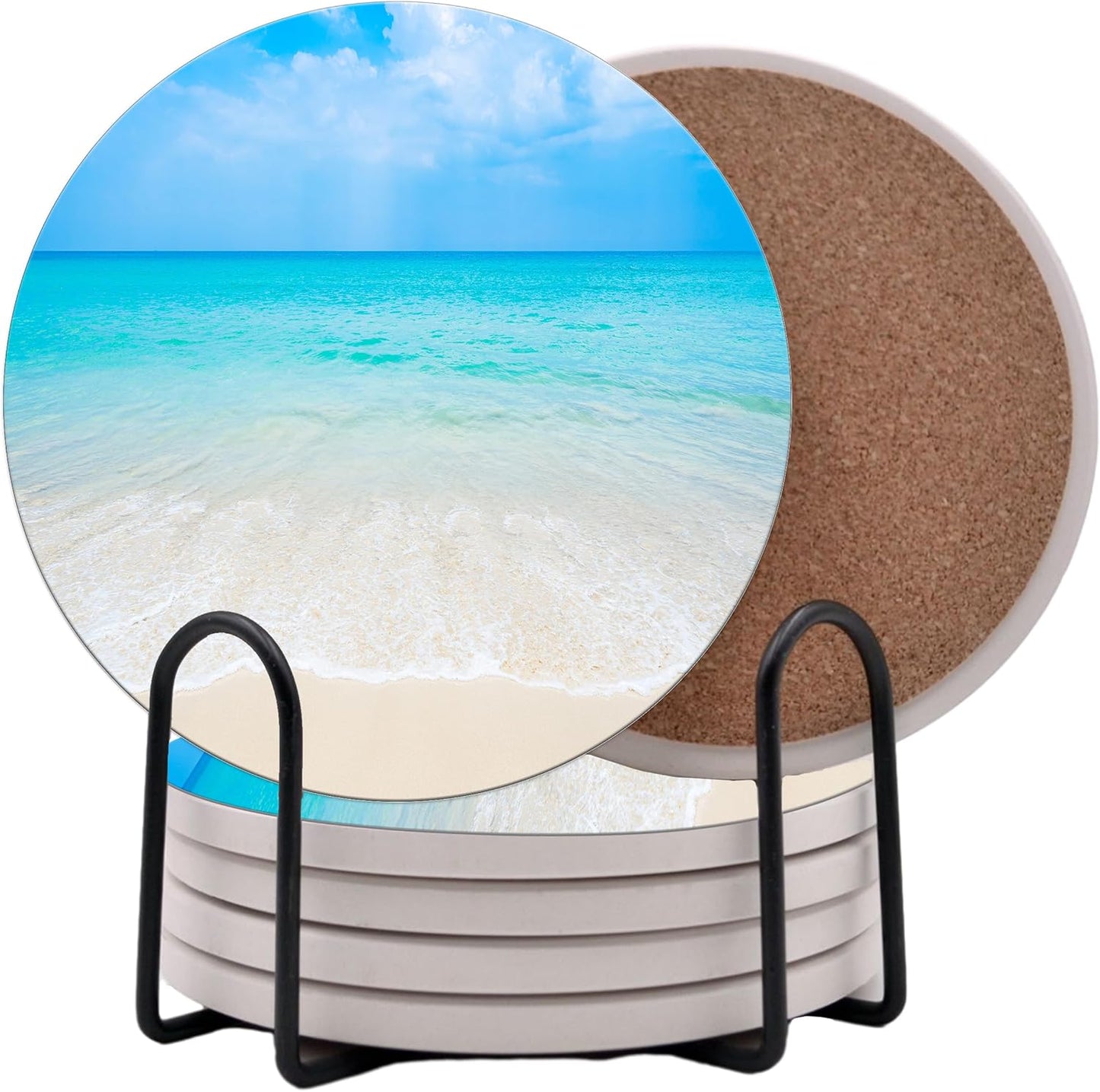 Ocean Coastal Theme Round Coasters Set of 6 - Abosrbent Ceramic Coasters with Metal Stand for Drinks, Beer, Coffee, Non-Slip Cork Back for Tabletop Protection, 4 Inches (Ocean)