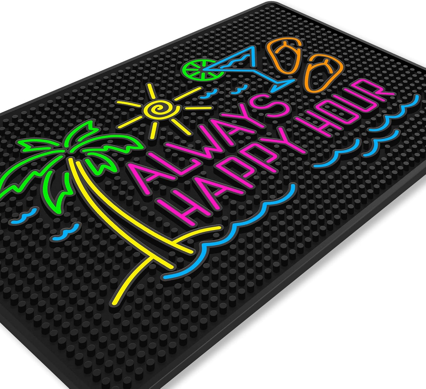 Premium Quality Always Happy Hour Bar Mat, Tiki Bar Mat for Bartending 18x12, Outdoor Tiki Bar Decor, Durable Bar Mats for Countertop, Drying Mat for Home Bar, Perfect Home Bar Accessories Xmas Gift