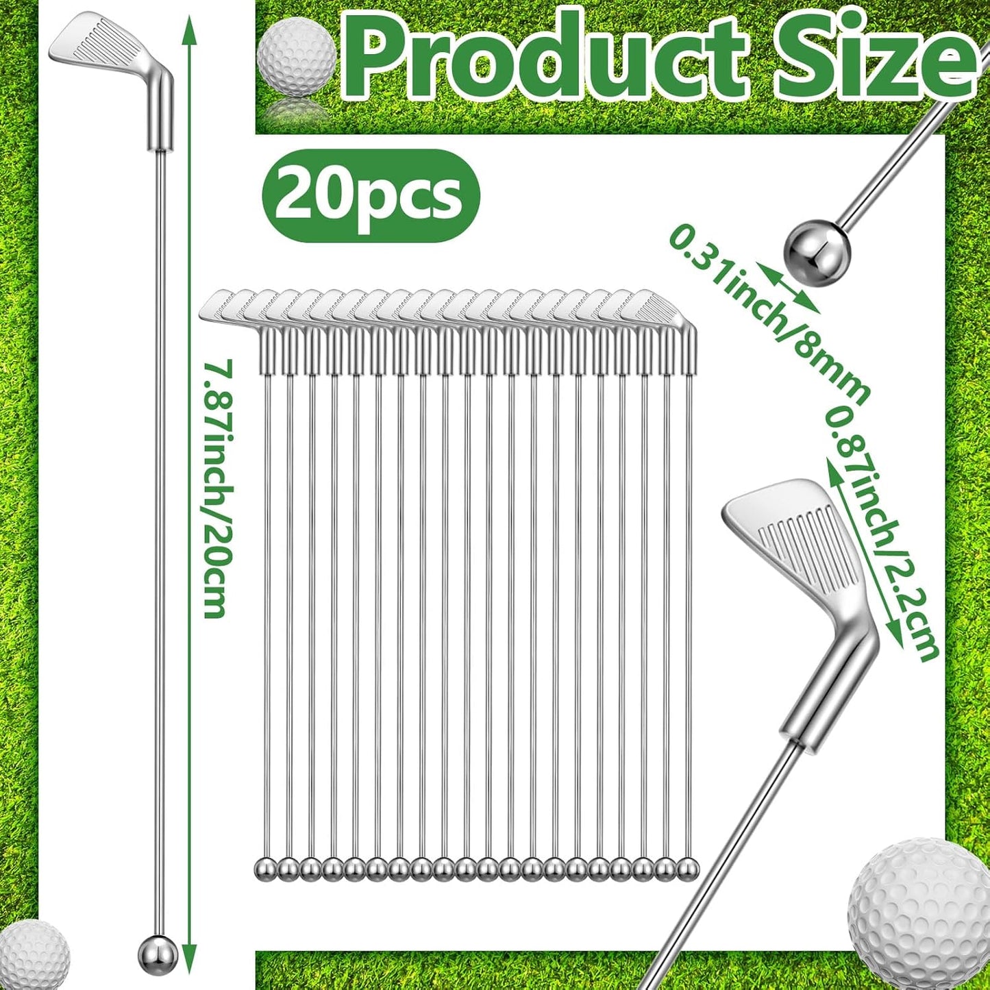 Hushee 20 Pcs Metal Golf Cocktail Stirrers Swizzle Stir Sticks 7.87 Inch Reusable Drink Stirrer Sticks Party Decorations Golf Party Clubhouse and Outing Decorations